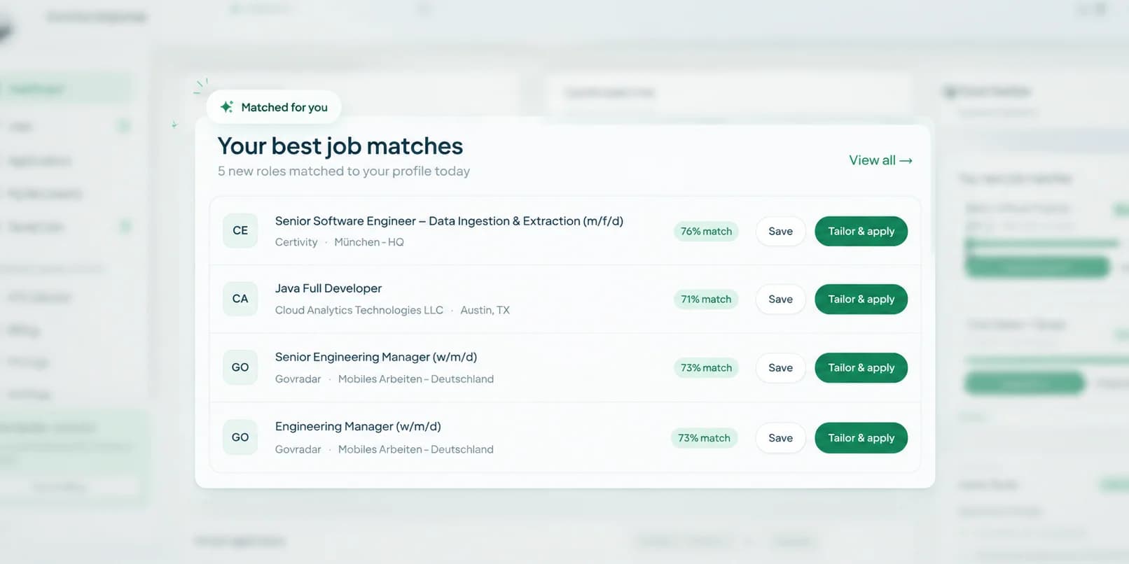 Appliit dashboard showing your best job matches: four roles with match scores, Save and Tailor & apply buttons.